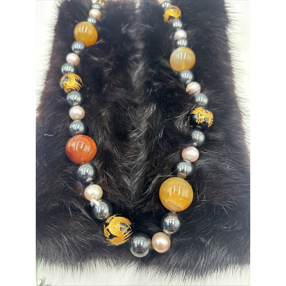 Heavy Fire Crackle Agate Onyx Dragon Pearl Hematite Bead Sterling 30" Necklace